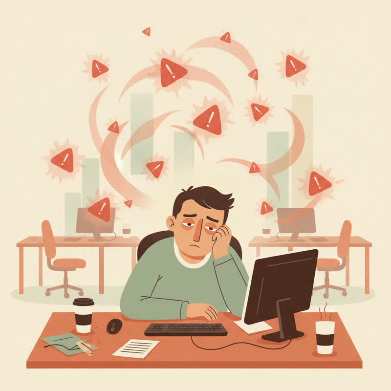 An exhausted engineer at a desk surrounded by dozens of glowing red alert notifications, with empty desks fading into the background