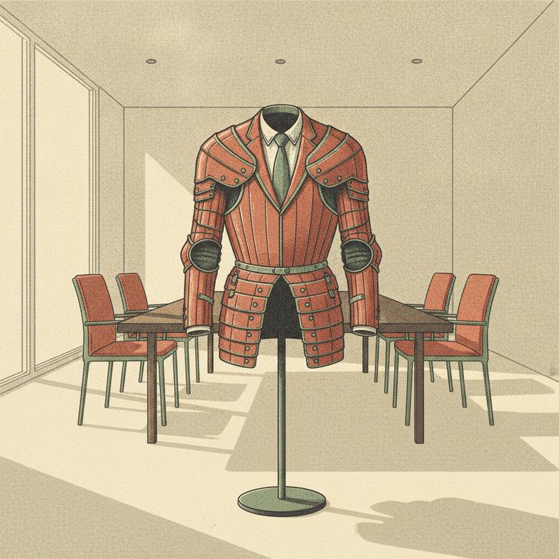 An empty business suit standing upright like medieval armor built from overlapping rectangular slide panels