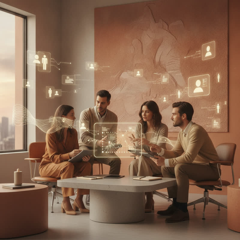 A small focused team working together with holographic AI agent support around them