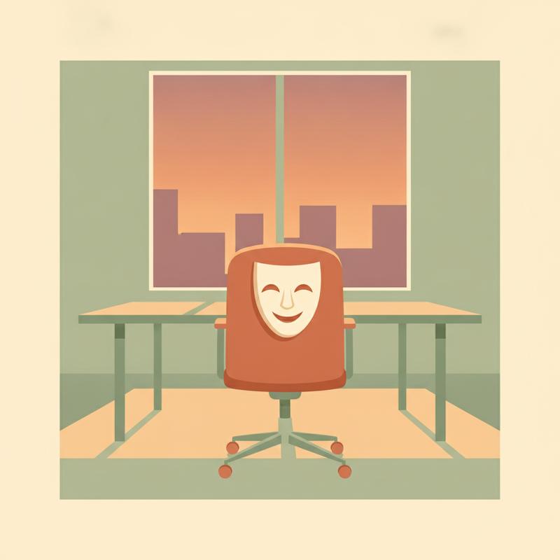 A blank smiling theatre mask hanging on the back of an empty office chair in a quiet room at dusk