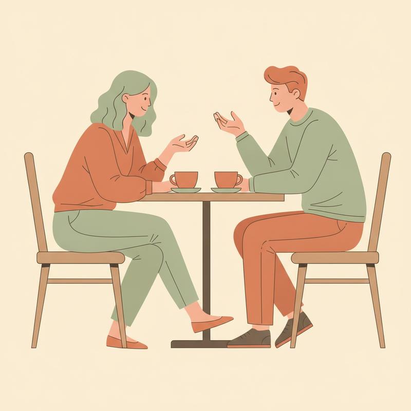Two colleagues in an open, honest one-to-one conversation across a small table with coffee between them