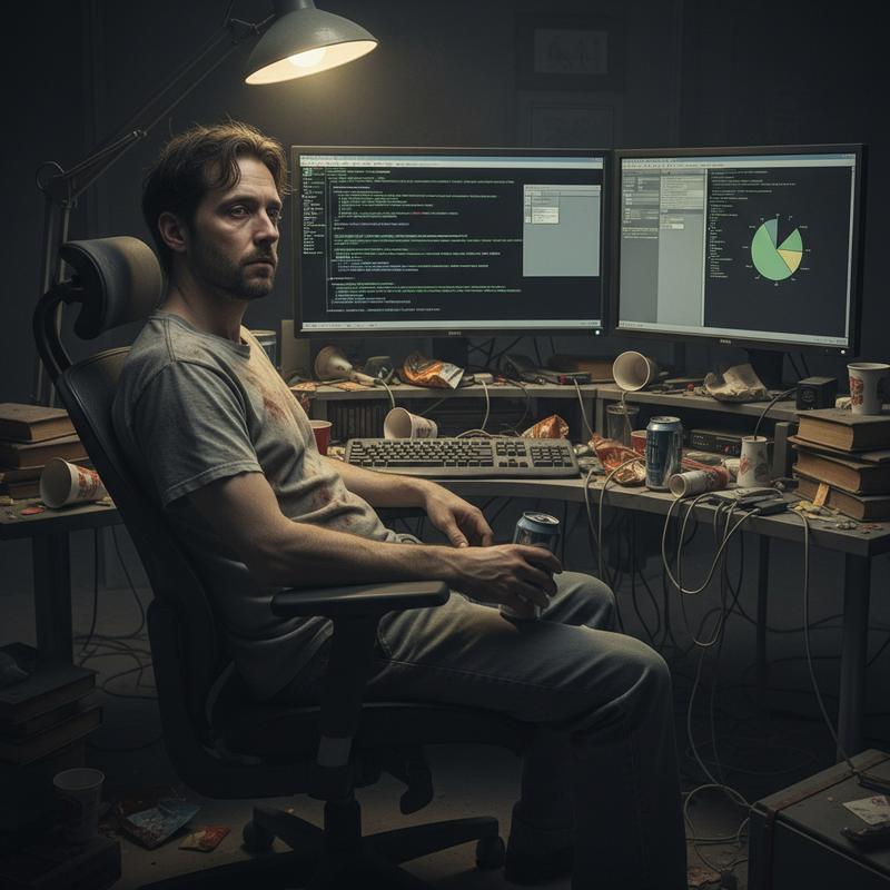 A software engineer looking defeated and disengaged at a cluttered desk with outdated monitors