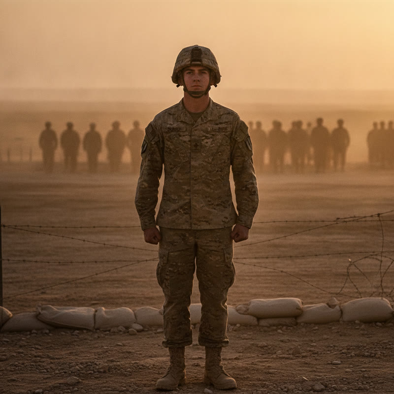 A young soldier in basic training at dawn, determined expression, dusty morning light, military identity imposed from outside
