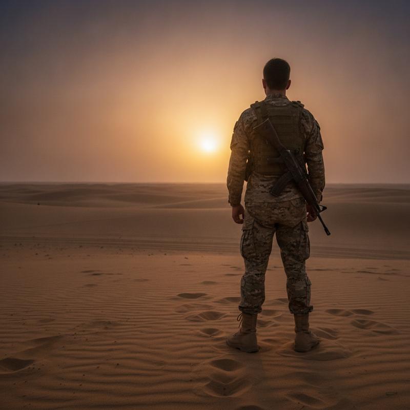 A lone soldier standing at the edge of a desert at dawn, looking at the horizon