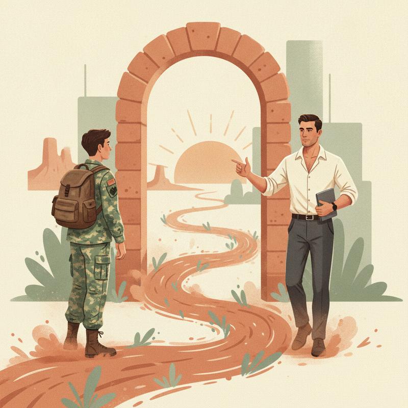 Warm illustration of a soldier transforming into a business leader along a winding path