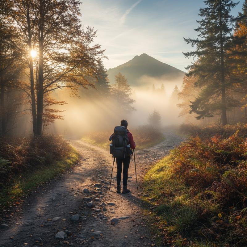 A hiker at a misty trail fork at dawn, one path familiar, one disappearing into morning mist