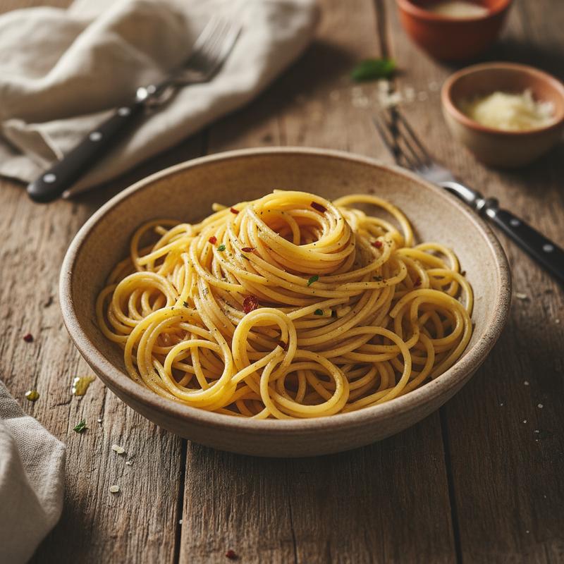 A bowl of golden spaghetti viewed from above, the noodles forming chaotic loops