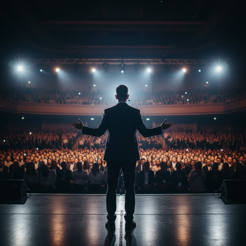 A speaker addressing a large conference audience from a dramatic, spotlight-lit stage