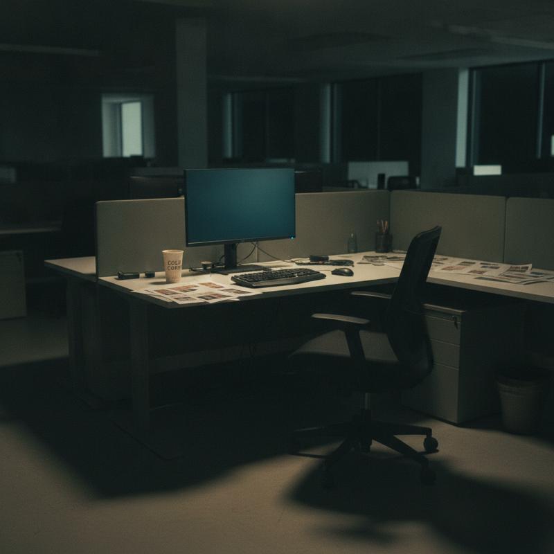 A single desk lit by a monitor late at night in an empty open-plan office with a cold cup of coffee
