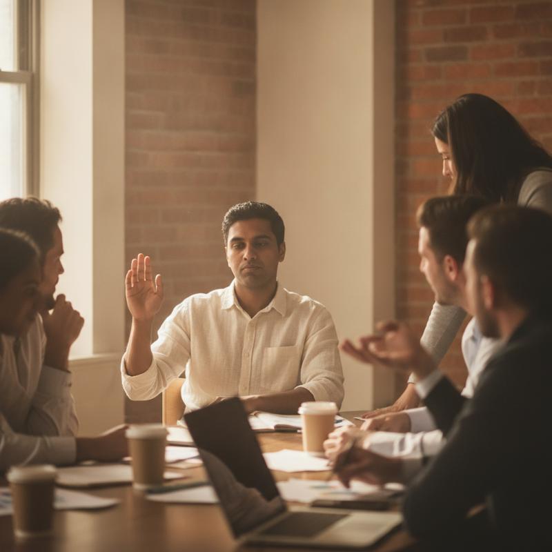 An engineer in a crowded meeting room lowering a half-raised hand while colleagues talk past them