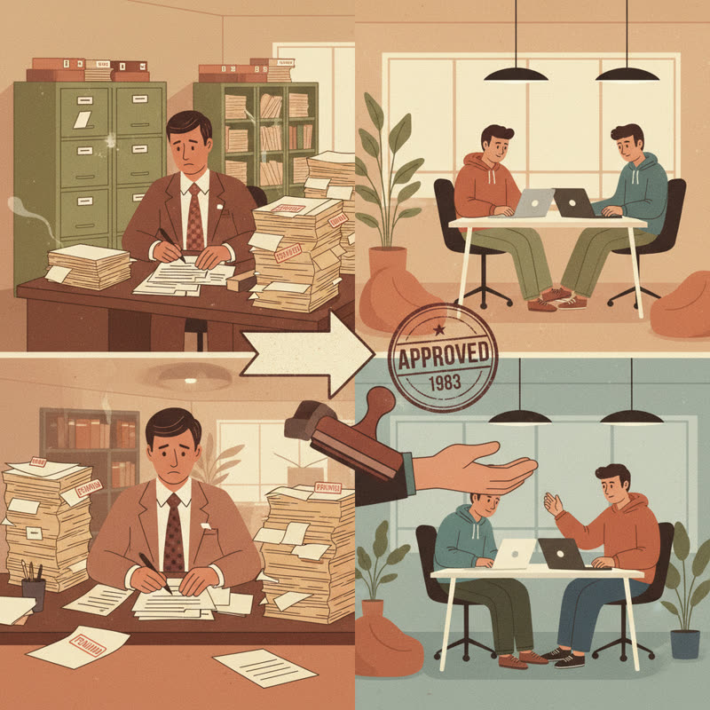 A retro 1983 corporate office on the left and a modern tech office on the right, connected by a rubber approval stamp