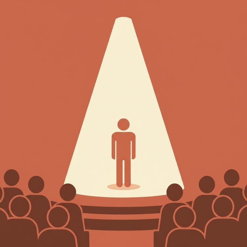 A spotlight shining down on a single figure on stage, with an audience watching from the darkness