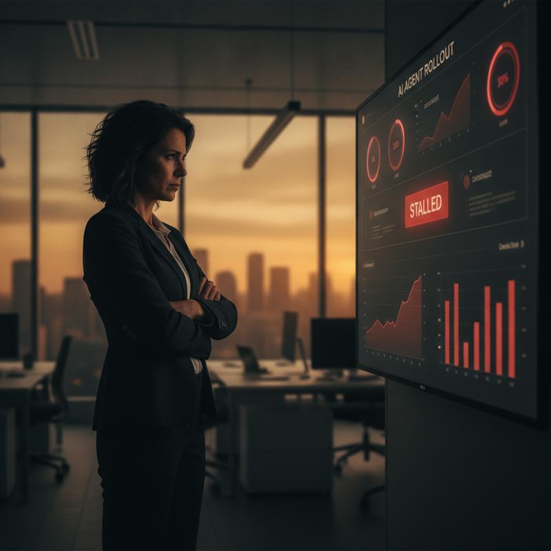 A frustrated tech executive stares at a wall-mounted dashboard showing a stalled AI agent rollout, red status indicators glowing in a dim office