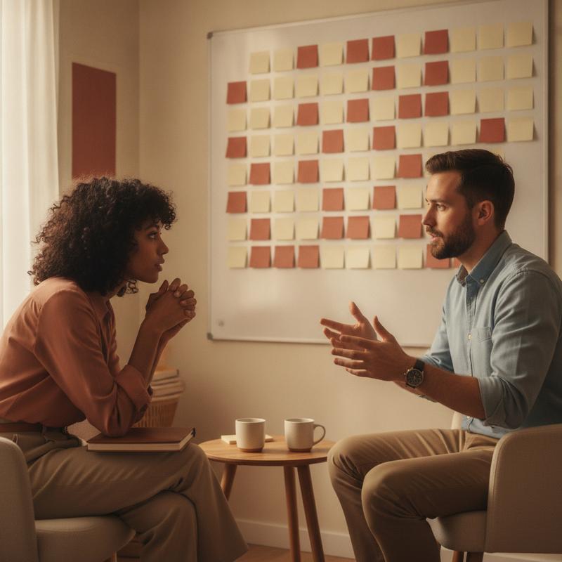 Two colleagues in a small meeting room, one listening carefully while the other explains, a wall of sticky notes behind them