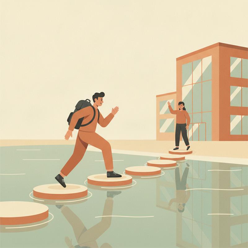 A new employee with a backpack crosses a river on evenly spaced stepping stones toward an office building where a mentor waves
