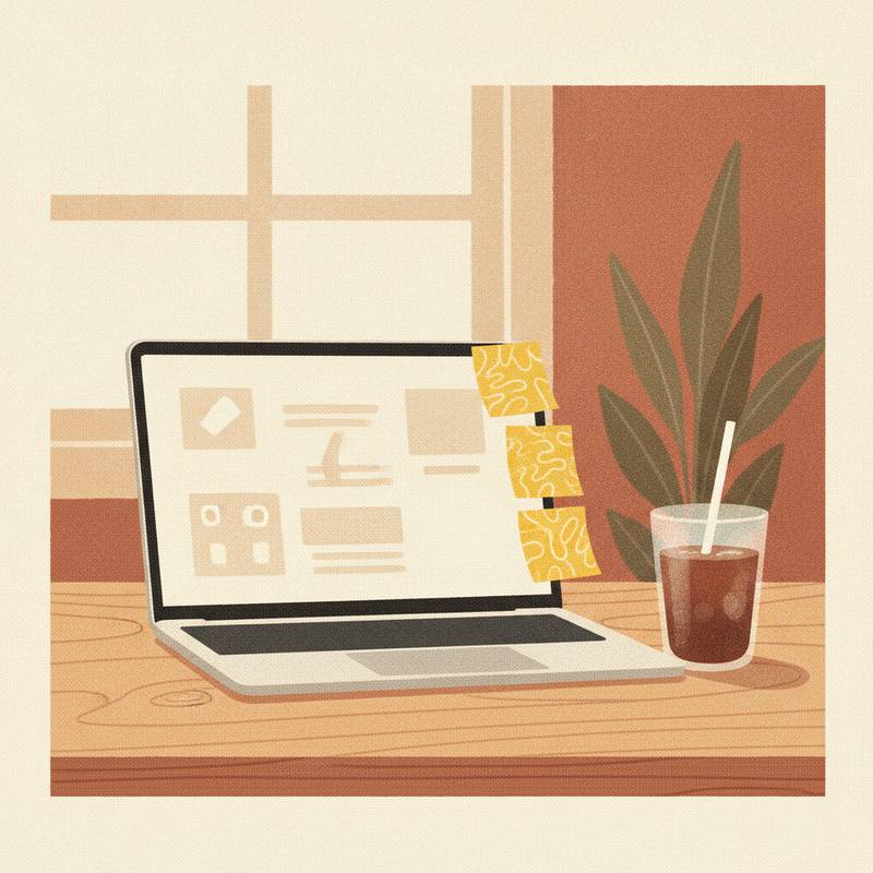 A quiet office desk with laptop, cold coffee and sticky notes on the monitor edge, warm editorial illustration