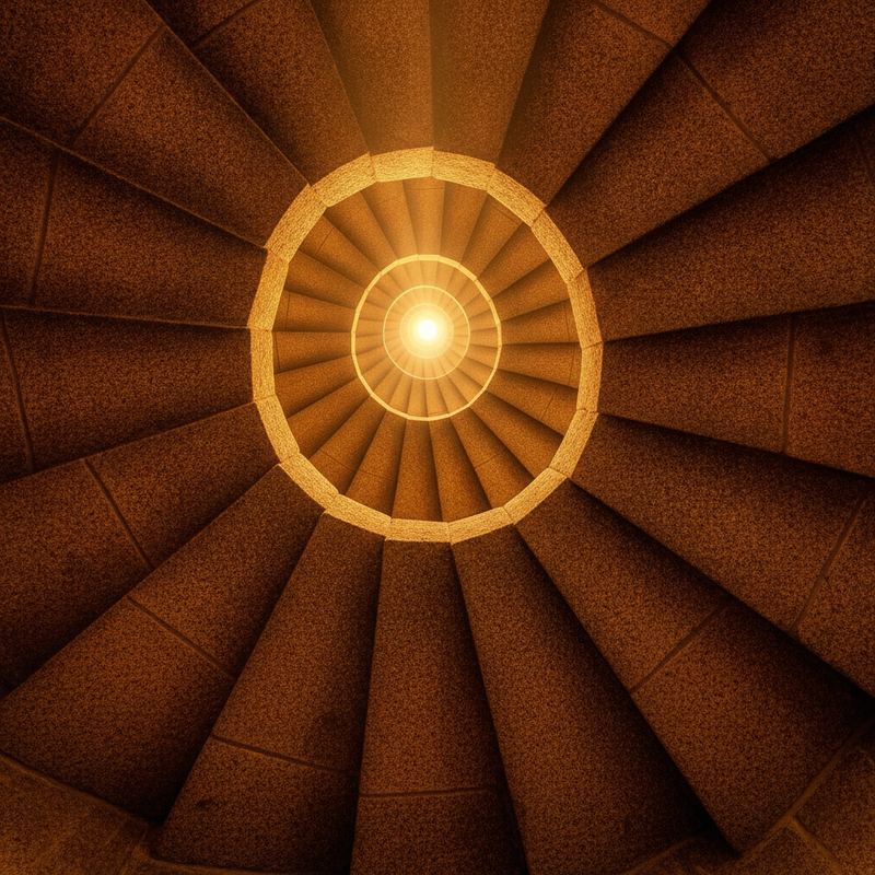 A stone staircase spiraling upward with no visible end, warm amber light
