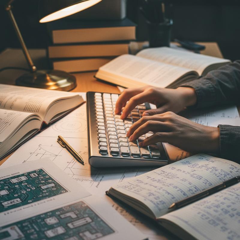 Close-up of hands typing confidently at a keyboard surrounded by open books and notes, warm amber lighting, editorial photography