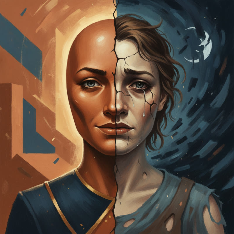 Split portrait: confident on the outside, exhausted beneath the surface