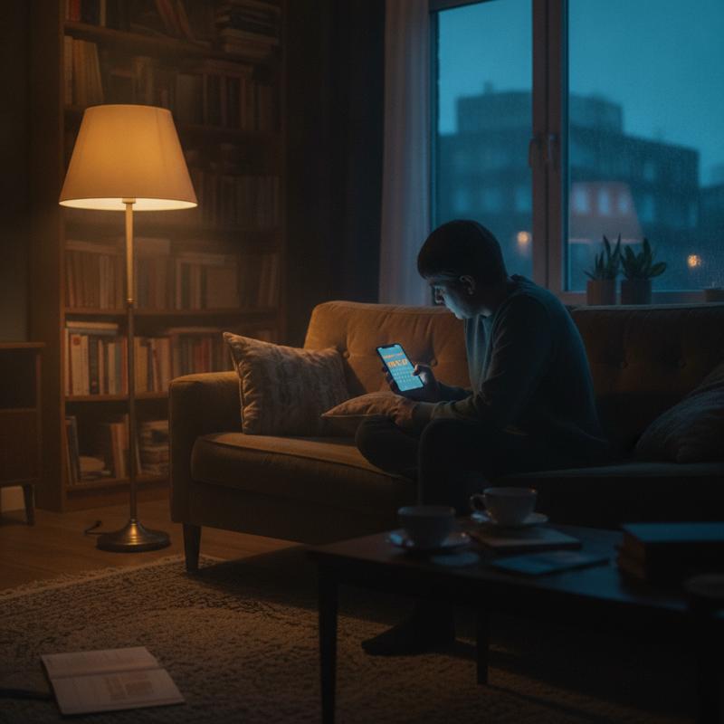 A person alone on the couch on Sunday evening, phone glowing with the week ahead
