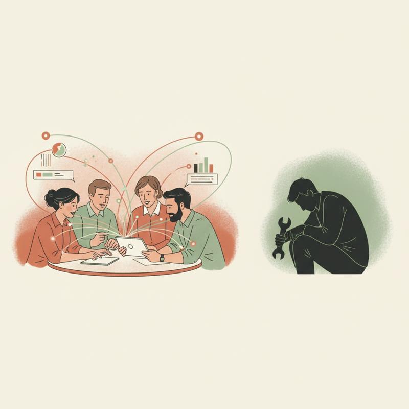 A team of engineers learns together around a table with glowing connections between them, contrasted with a lone figure clutching a single tool in shadow