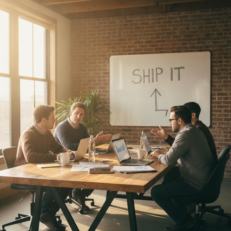 A small engineering team working around a table with open laptops, a whiteboard with one clear goal written on it in the background