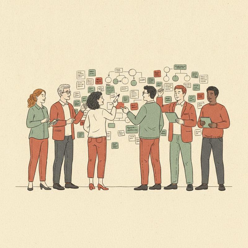 A group of engineers and operations staff at a wall of sticky notes, mapping where money goes