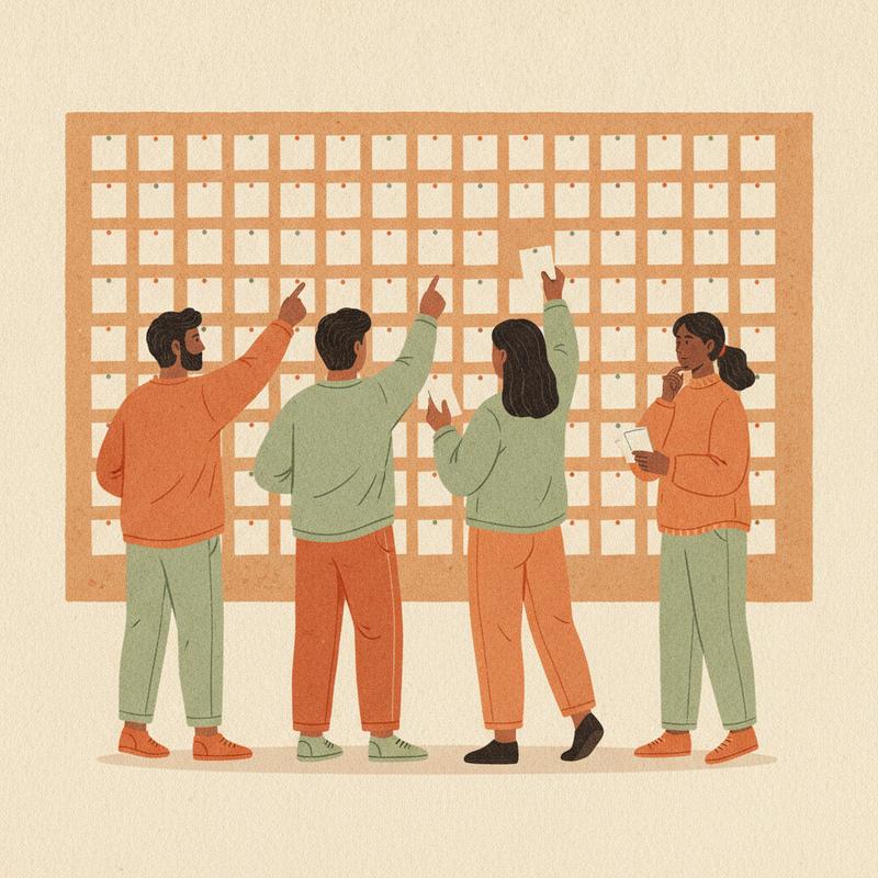 A small team standing at a wall of pinned index cards, discussing and rearranging them