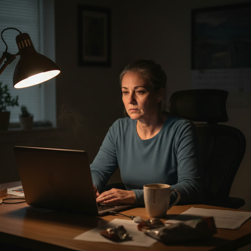 Tech professional exhausted at desk late at night