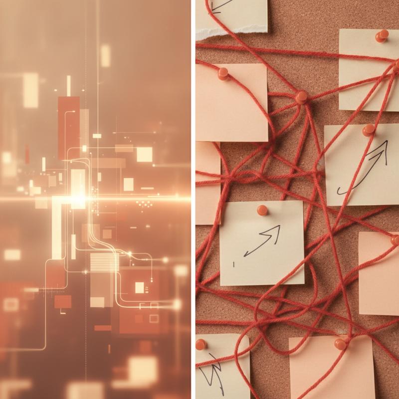 Split image: a glowing AI interface on one side and a tangled web of red string connecting sticky notes on a corkboard on the other, showing the gap between tech readiness and organizational readiness