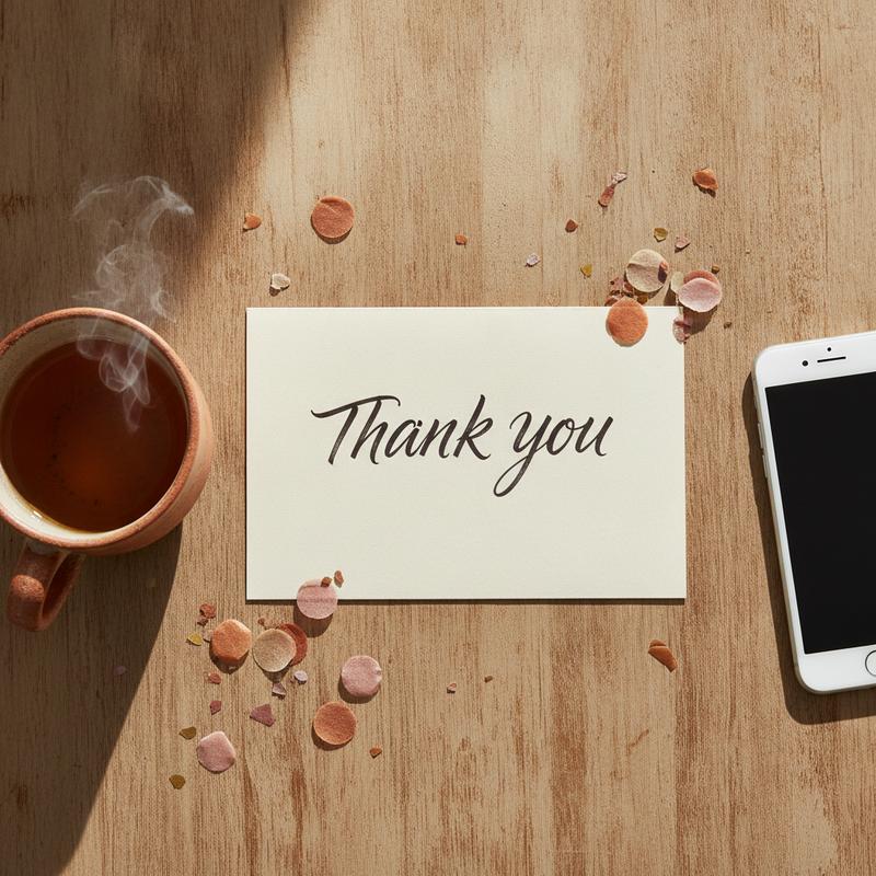 A handwritten thank-you card on a wooden desk with confetti and a mug of tea