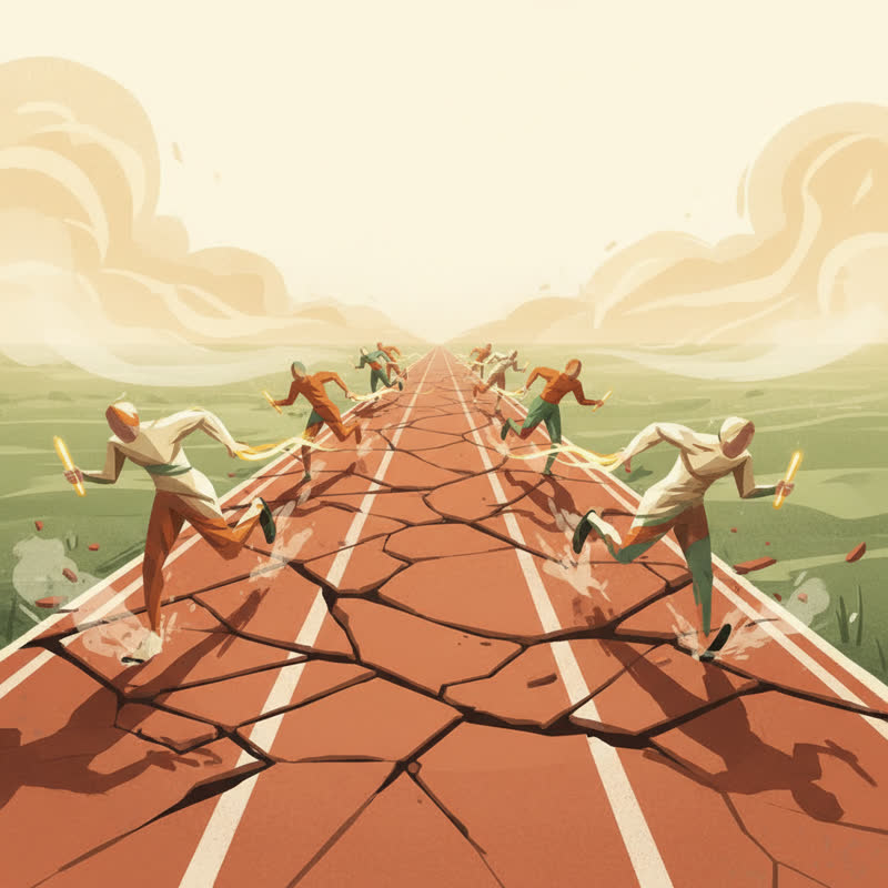 A relay race on a fragmented track with runners passing batons of light, symbolic of fast-moving competition
