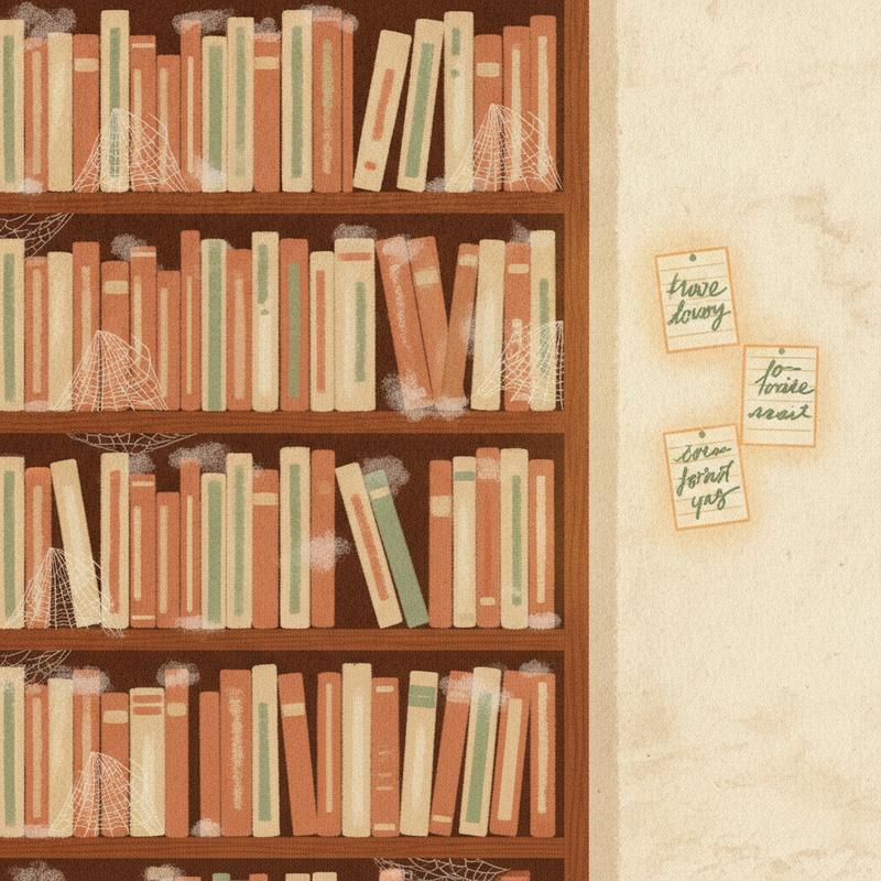 A crowded office bookshelf of dusty business books beside three handwritten index cards pinned to the wall