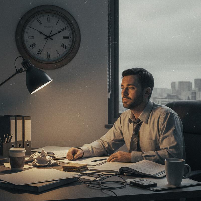 A tired office worker staring at a clock on a Friday afternoon