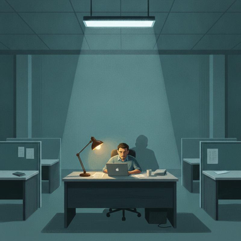 A lone office worker at a desk late in the evening, empty desks around them, single lamp lighting their face