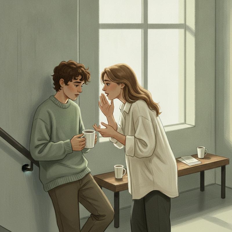 Two colleagues talking quietly over coffee in a stairwell, one listening intently