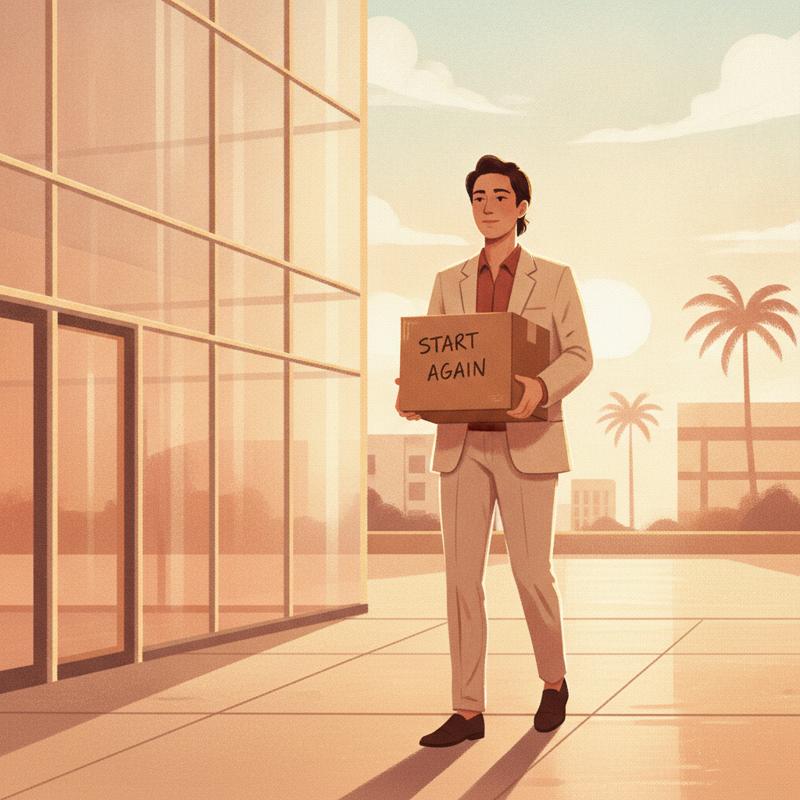 A person walking out of a glass office building at dawn carrying a cardboard box, calm and resolute