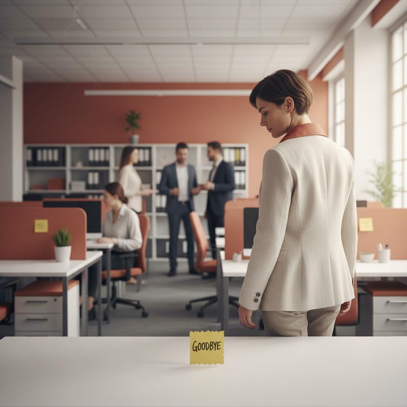 An empty desk with a goodbye note, a manager looking on
