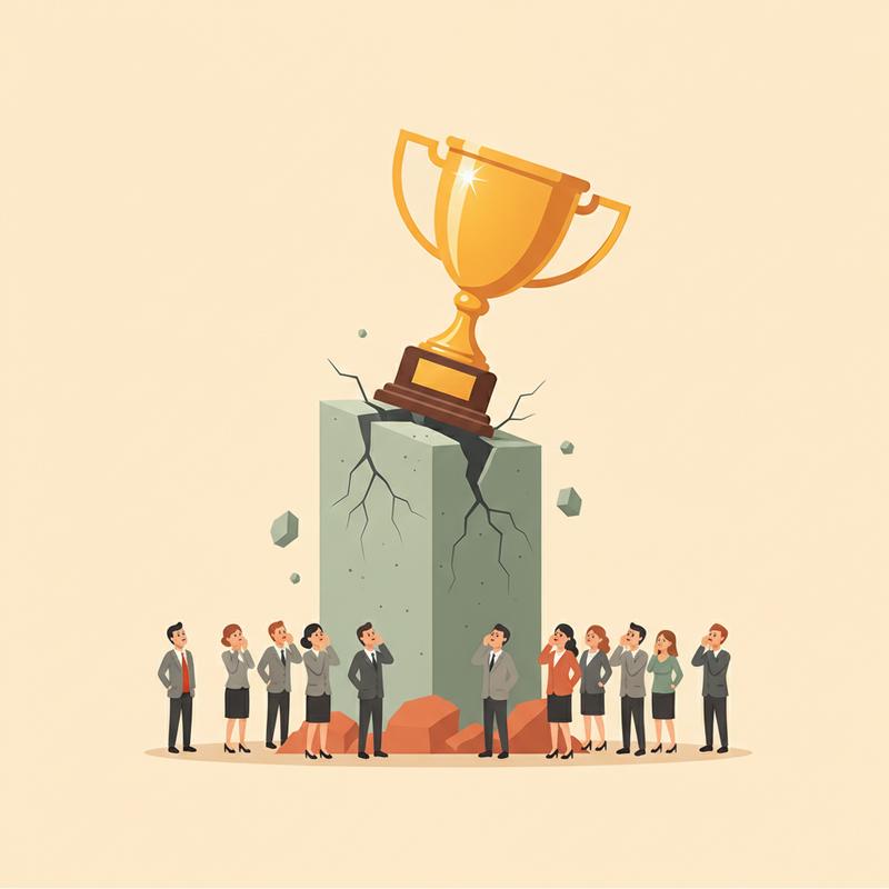 A gold trophy on a cracked concrete plinth while office workers look up at it with worry