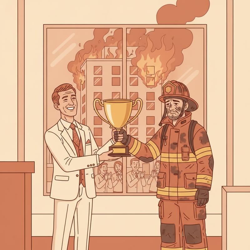 Editorial illustration of a manager in a suit handing a gold trophy to an exhausted, soot-covered firefighter while a building burns unattended behind them
