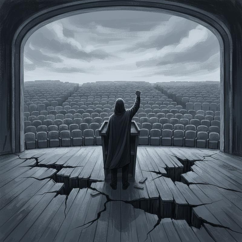 A lone figure on a crumbling stage, fist raised, facing rows of empty chairs the allies who are no longer there