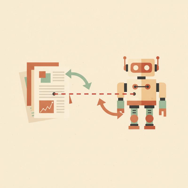 Flat vector diagram showing a dashed boundary line between a stack of untrusted documents and a robot reading them