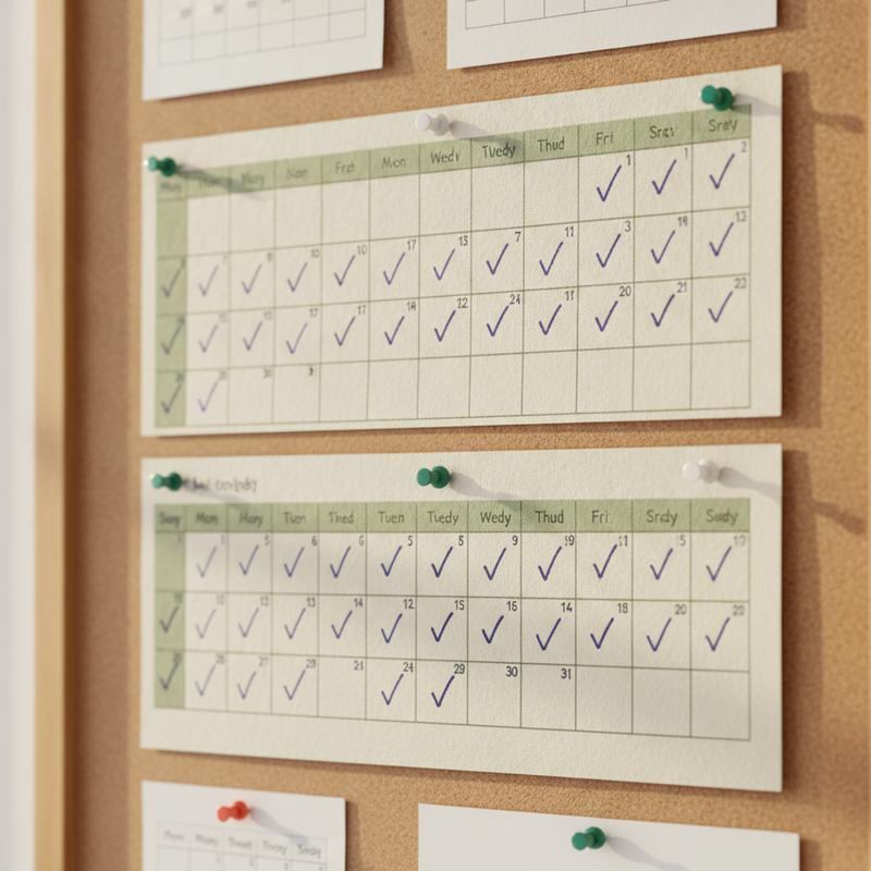 A paper calendar pinned to a corkboard with a handwritten check mark on nearly every day across two months