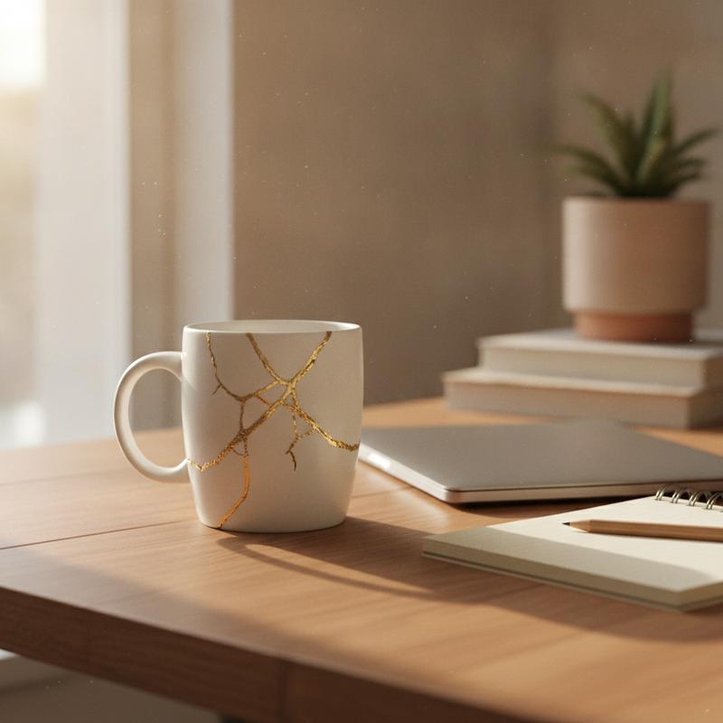 A white coffee mug with its cracks repaired in gold seams, sitting on a wooden desk beside a laptop and a notebook
