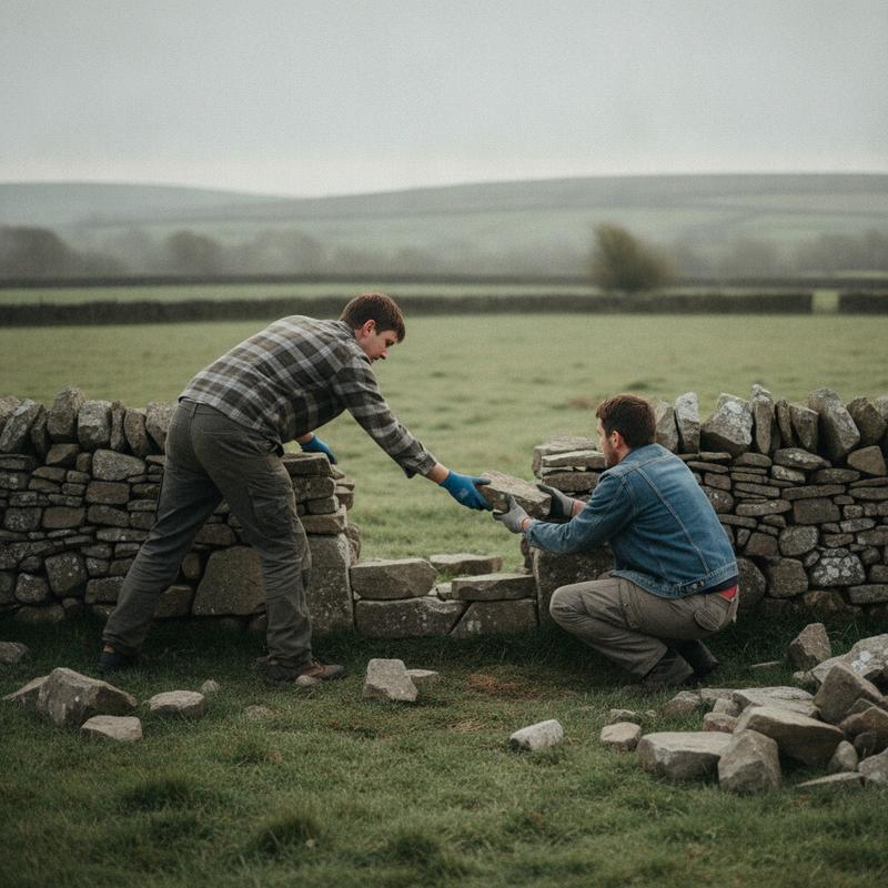 Two people rebuilding a dry-stone wall in a green field, one handing a single stone to the other across a gap