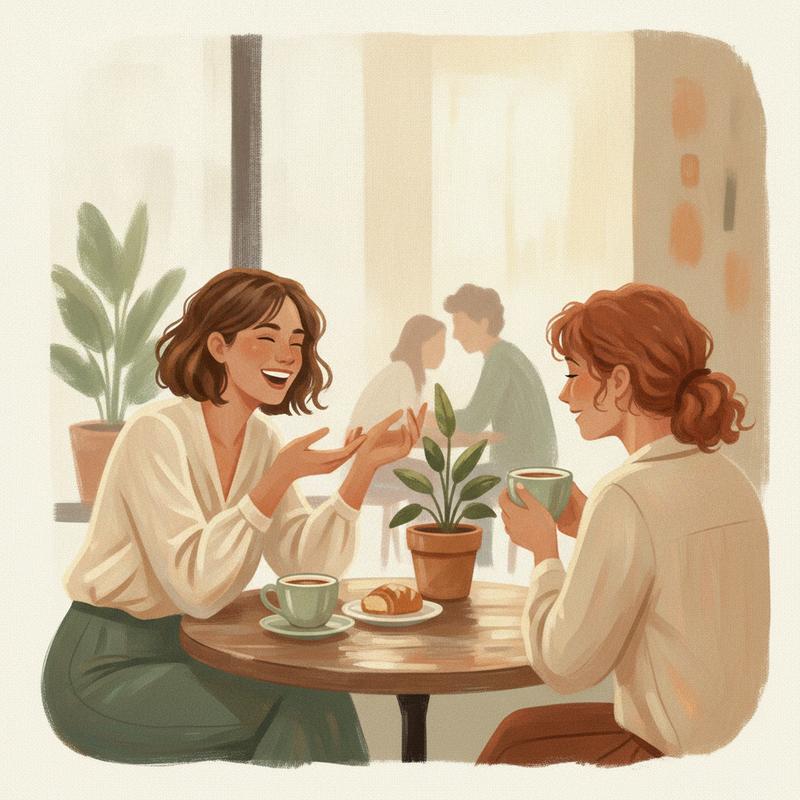 Two colleagues in warm conversation over coffee at a small cafe table, leaning in and engaged