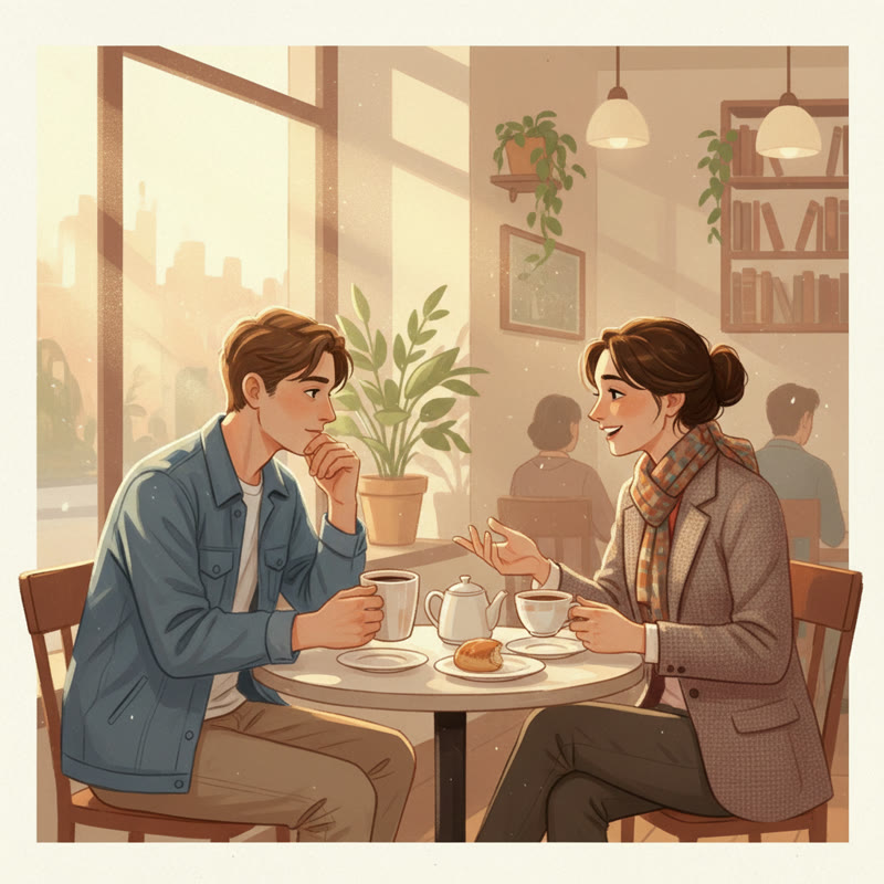 Two people from different backgrounds having a genuine conversation over coffee