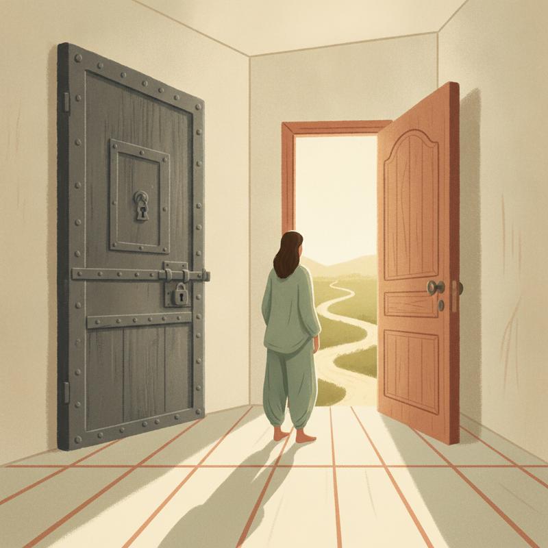 A person in a hallway choosing between a heavy locked iron door and a wooden door open onto a sunlit path
