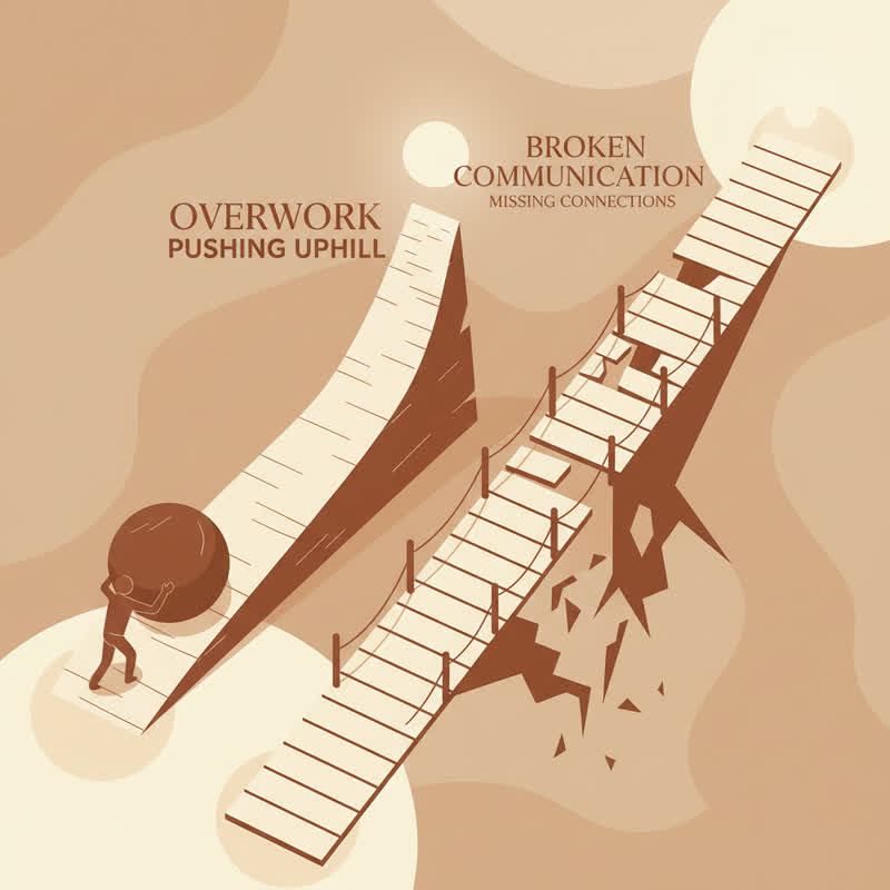 Two diverging paths: one showing a heavy boulder being pushed uphill, the other a bridge with missing planks representing broken communication