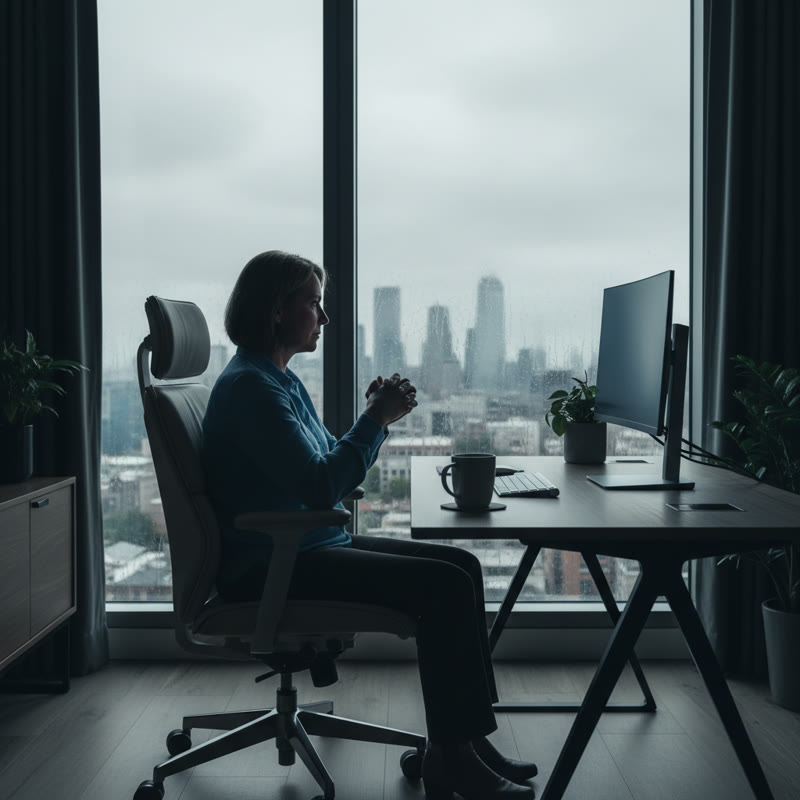 A professional sitting at a modern office desk, staring out a window at grey morning light